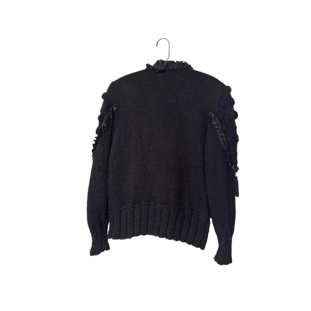 Madeleine Italy Black Kid Mohair Ruffle Satin Trim Embroidered Cardigan 40/42 M - Picture 2 of 5